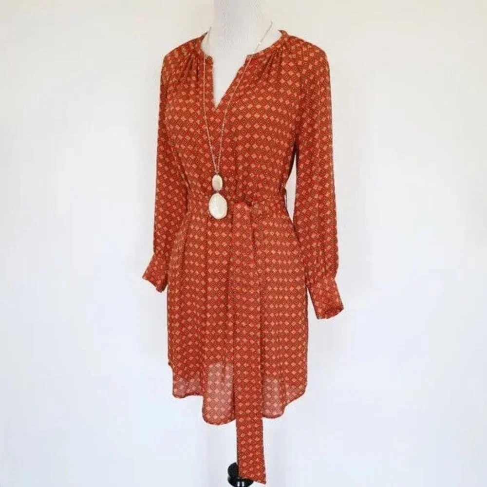 Banana Republic Dress Orange Printed V Neck Long Sleeve Tie Waist - Picture 2 of 11